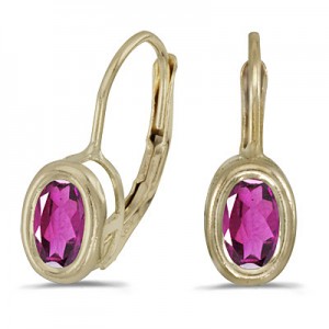 14K Yellow Gold Oval Pink Tourmaline Bezel Lever-back Earrings