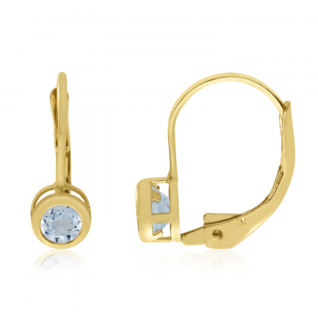 14K Yellow Gold Round Aquamarine Bezel Lever-back Earrings