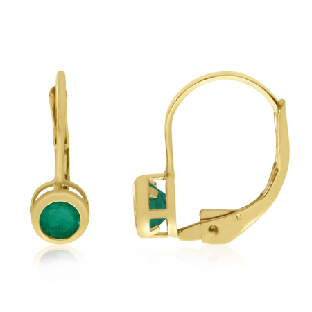 14K Yellow Gold Round Emerald Bezel Lever-back Earrings