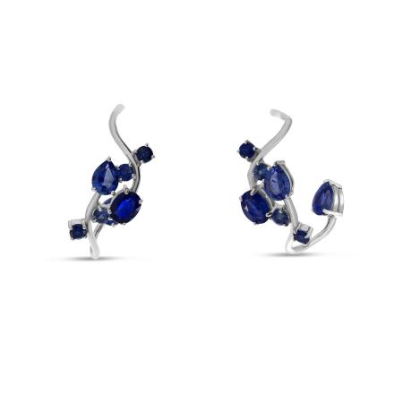14K White Gold Scattered Pear, Oval and Round Sapphire Hoop Earrings