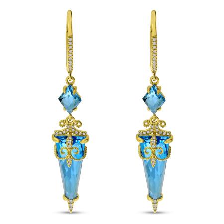 14K Yellow Gold Blue Topaz and Diamond Dangle Earrings