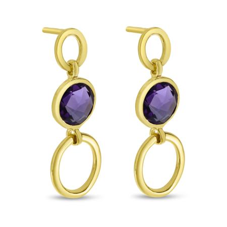 14K Yellow Gold Round Amethyst Bezel Drop Earrimgs