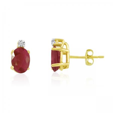 14K Yellow Gold Oval Ruby and Diamond Earrings