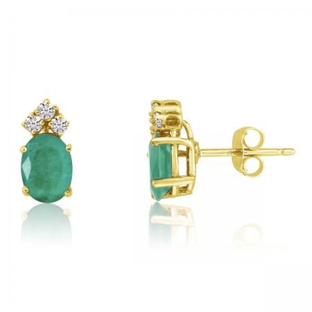 14K Yellow Gold Oval Emerald and Diamond Earrings