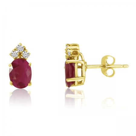 14K Yellow Gold Oval Ruby and Diamond Earrings