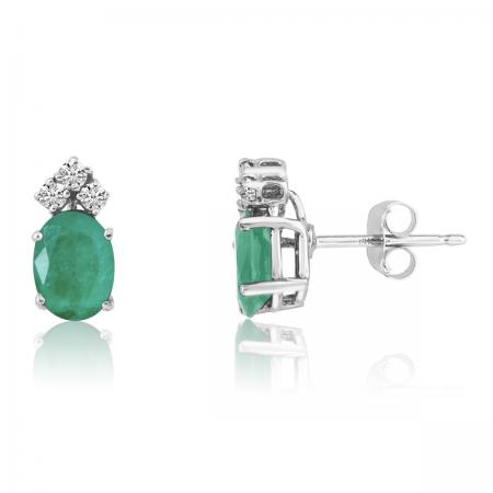 14K White Gold Oval Emerald and Diamond Earrings