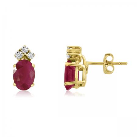 14K Yellow Gold Oval Ruby and Diamond Earrings