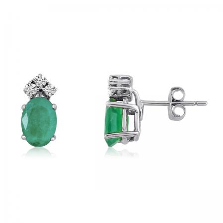 14K White Gold Oval Emerald and Diamond Earrings