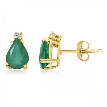 14K Yellow Gold Pear Emerald and Diamond Earrings