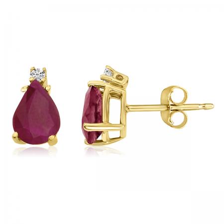 14K Yellow Gold Pear Ruby and Diamond Earrings