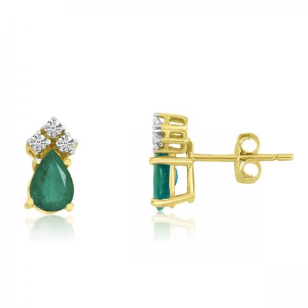 14K Yellow Gold Pear Emerald and Diamond Earrings