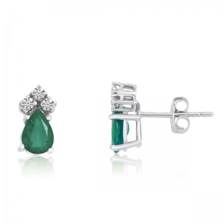 14K White Gold Pear Emerald and Diamond Earrings