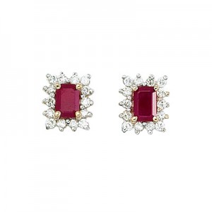 14K Yellow Gold Emerald-Cut Ruby and Diamond Earrings