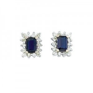 14K Yellow Gold Emerald-Cut Sapphire and Diamond Earrings