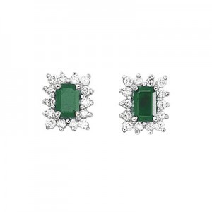 14K White Gold Emerald-Cut Emerald and Diamond Earrings