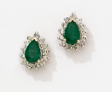 14K Yellow Gold Pear Emerald and Diamond Earrings