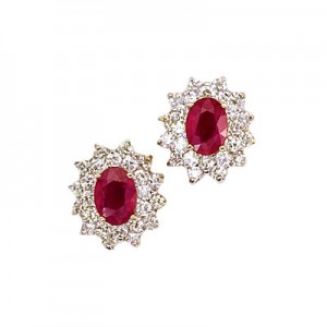 14K Yellow Gold Oval Ruby and Diamond Earrings