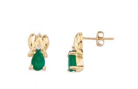 14K Yellow Gold Pear Emerald and Diamond Earrings