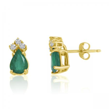 14K Yellow Gold Pear Emerald and Diamond Earrings