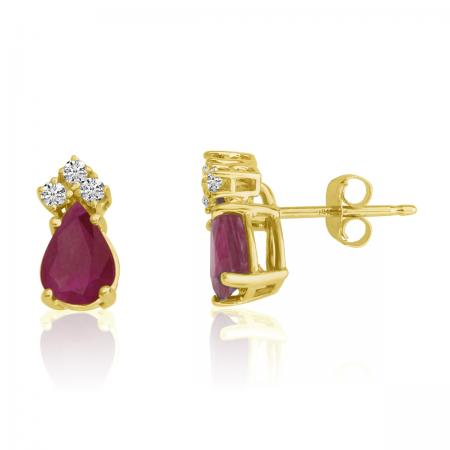 14K Yellow Gold Pear Ruby and Diamond Earrings