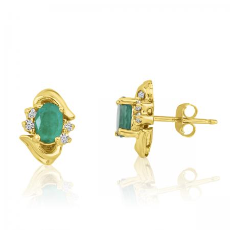 14K Yellow Gold Oval Emerald and Diamond Earrings