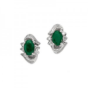 14K White Gold Oval Emerald and Diamond Earrings