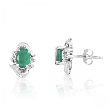 14K White Gold Oval Emerald and Diamond Earrings