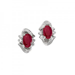 14K White Gold Oval Ruby and Diamond Earrings