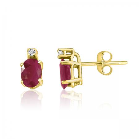 14K Yellow Gold Oval Ruby and Diamond Earrings