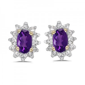 14k Yellow Gold Oval Amethyst And Diamond Earrings