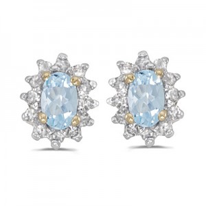 14k Yellow Gold Oval Aquamarine And Diamond Earrings