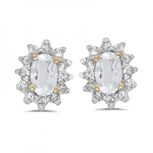 14k Yellow Gold Oval White Topaz And Diamond Earrings