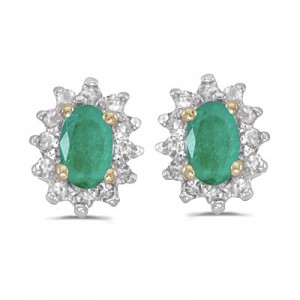 14k Yellow Gold Oval Emerald And Diamond Earrings