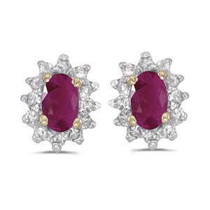 14k Yellow Gold Oval Ruby And Diamond Earrings