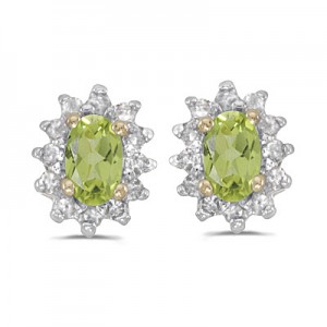 14k Yellow Gold Oval Peridot And Diamond Earrings