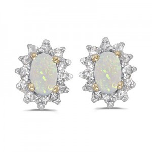 14k Yellow Gold Oval Opal And Diamond Earrings