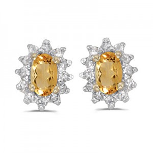 14k Yellow Gold Oval Citrine And Diamond Earrings