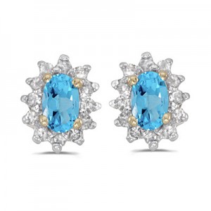 14k Yellow Gold Oval Blue Topaz And Diamond Earrings