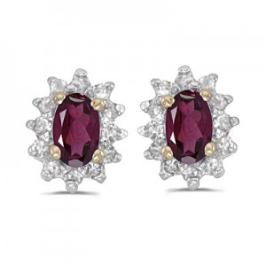 14k Yellow Gold Oval Rhodolite Garnet And Diamond Earrings