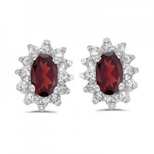 14k White Gold Oval Garnet And Diamond Earrings