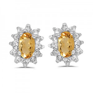 14k White Gold Oval Citrine And Diamond Earrings