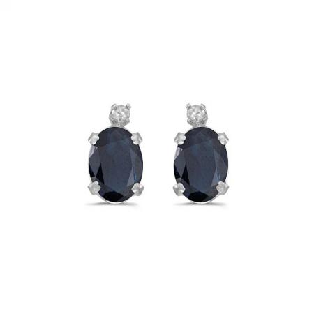 14K White Gold Oval Sapphire and Diamond Basic Birthstone Post Earrings