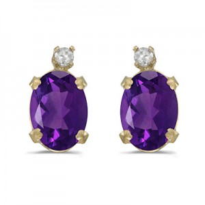 14k Yellow Gold Oval Amethyst And Diamond Earrings