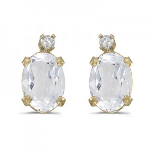 14k Yellow Gold Oval White Topaz And Diamond Earrings