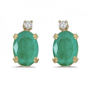 14k Yellow Gold Oval Emerald And Diamond Earrings