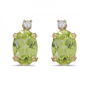 14k Yellow Gold Oval Peridot And Diamond Earrings