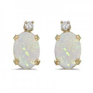 14k Yellow Gold Oval Opal And Diamond Earrings