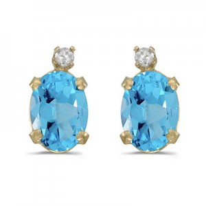 14k Yellow Gold Oval Blue Topaz And Diamond Earrings