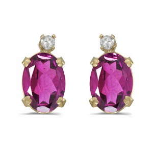 14k Yellow Gold Oval Pink Topaz And Diamond Earrings