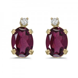 14k Yellow Gold Oval Rhodolite Garnet And Diamond Earrings